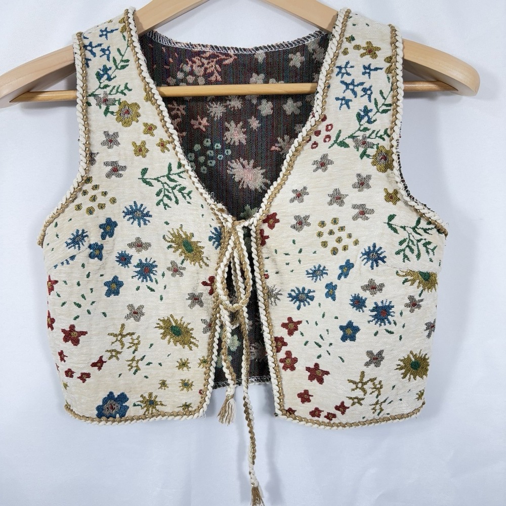 Boho Embroidered‎ Floral Vest Tie Front Cottagecore Festival Hippie XS/S